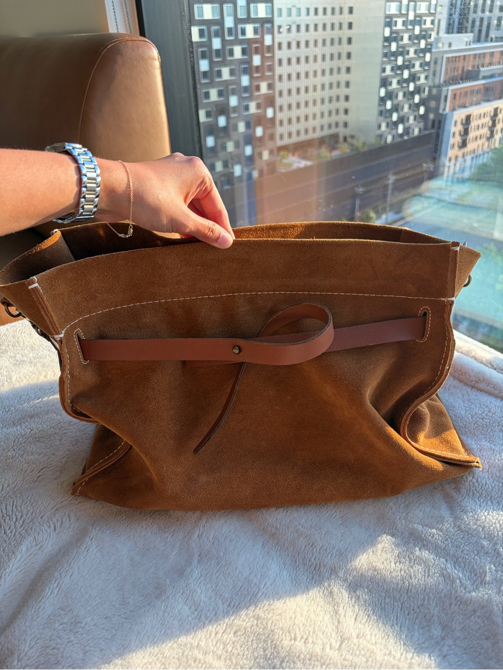 Parker Thatch Blair Bag Caramel Suede Tote Bag with Leather Tie